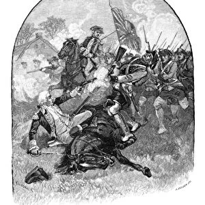 American soldier and traitor. Arnold at the Battle of Saratoga, 1777: wood engraving, 19th century