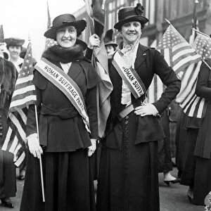 AMERICAN SUFFRAGISTS. Playwright Mercedes de Acosta and her sister demonstrating for womens suffrage during World War I