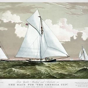 AMERICAs CUP, 1881. The American winner, Mischief with the Canadian challenger Atalanta in the fourth international race for the Americas Cup on September 9th & 10th, 1881. Color lithograph by Currier & Ives, c1881