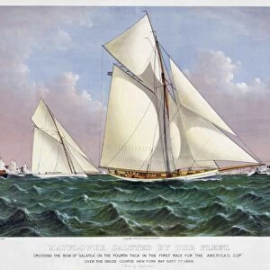 AMERICAs CUP, 1886. The Mayflower saluted by the fleet while crossing the bow of the Galatea on the fourth tack in the first race on 7 September 1886, New York. Color lithograph by Currier & Ives, c1886
