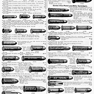 AMMUNITION, 1895. Advertisement for metallic cartridges from a Montgomery Ward catalog of 1895