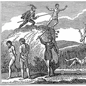 ANABAPTISTS IN ITALY being forced to jump to their deaths. Wood engraving by A. Anderson form an early 19th century edition of Foxes Book of Martyrs