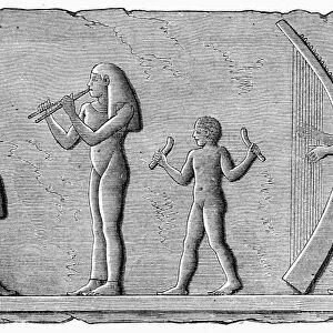 ANCIENT EGYPT: MUSICIANS. Performing women and maidens. Line engraving after a relief from an ancient Egyptian tomb