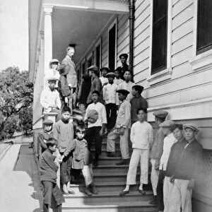 ANGEL ISLAND, 1923. Men outside of the hospital on at Angel Island Immigration