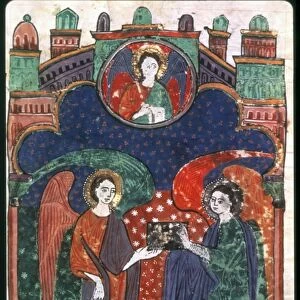 ANGELS HOLDING GOSPELS beneath a symbol of the Apostle Matthew: Spanish manuscript illumination