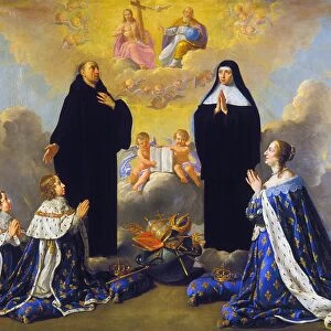 ANNE OF AUSTRIA (1601-1666). Queen Consort of France, 1643-1651. Anne praying to Saint Benoit with her sons, Louis (later Louis XIV) and Philippe (far left). Oil painting, 1646, by