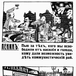 ANTI-BOLSHEVIK POSTER. Top: Vladimir Lenin and other Bolsheviks at a feast, Lenin