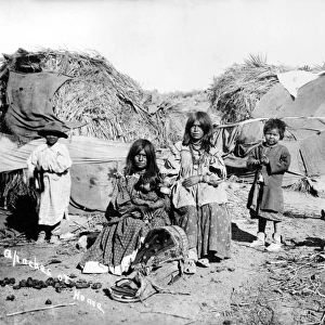 APACHE GROUP, c1909. A group of Apache women and children in front of their thatched huts