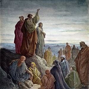 APOSTLES PREACHING. The Apostles preaching the gospel (Acts 2: 14, 16, 17). Wood engraving after Gustave Dor