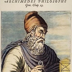 ARCHIMEDES (287?-212 B. C. ). Greek mathematician and inventor. French line engraving, 1584