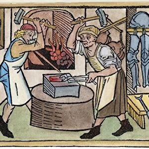ARMOR SMITH, 1479. A smith and his apprentice make arms and armor. German woodcut, 1479