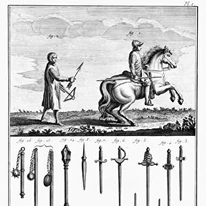 ARMORER, 18th CENTURY. An armorer and various medieval weapons. Copper engraving