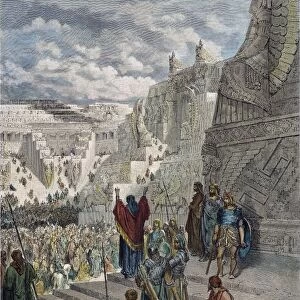 ARTAXERXES & EZRA. Artaxerxes, King of Persia, allows Ezra and the Jews held in Babylon to return to Jerusalem in 458 B. C. (Ezra 7: 13). Wood engraving after Gustave Dore