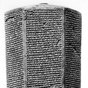 ASSYRIA: SENNACHERIB. Baked clay hexagonal prism inscribed with the annals of Sennacherib