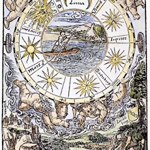 Astrological diagram showing the seven planets and the twelve signs of the zodiac rotating around the earth. Woodcut from Sebastian Munsters Organum Uranicum, Basel, Switzerland, 1536