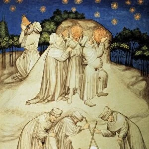 ASTRONOMERS atop Mount Athos, Greece, study the heavens with the aid of astrolabes while others record their readings: 15th century ms. illumination