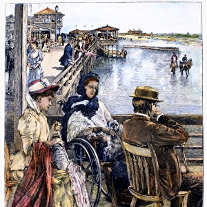 ATLANTIC CITY, 1890. Watching the tide come in at Atlantic City, New Jersey. Wood engraving, American, 1890, after a drawing by W. P. Snyder