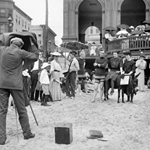 ATLANTIC CITY: BEACH. A photographer on a crowded beach taking a picture of a group of three people with a donkey (including a woman with a sign saying I could stay in Atlantic City forever, Atlantic City, New Jersey. Photograph, late 19th or early 20th century