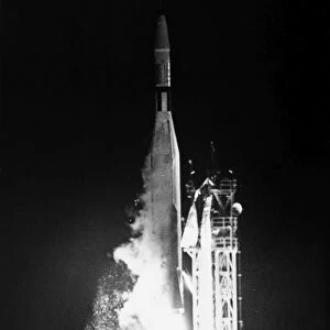 An Atlas-Agena booster rocket launching the Mariner 1 spacecraft, which failed when the rocket deviated off course shortly after liftoff at Cape Canaveral, 22 July 1962