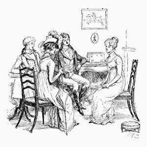 AUSTEN: PRIDE & PREJUDICE. Elizabeth Bennet entertaining Mr. Darcy, his sister, and Mr