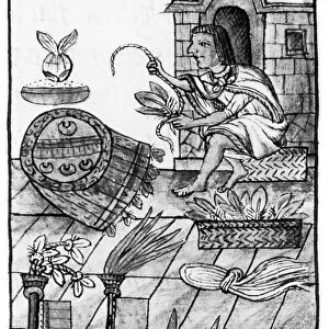 AZTEC CRAFTSMAN. An Aztec craftsman in his workshop. Drawing from the Codex Florentino