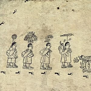 AZTEC PRIESTS. Four priests leading Aztecs to the land promised by the god Huitzilopochtli