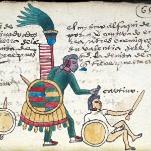 AZTEC WARRIOR PRIEST and prisoner from Codex Mendoza, c1525-1550