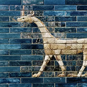 BABYLON: ISHTAR GATE 600 B. C. Glazed enamel brick sirrush dragon from the Ishtar Gate of Babylon, c600 B. C