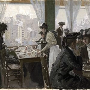 BACHER: RESTAURANT, c1901. Women in a restaurant in a tall building. Wash drawing by Otto H