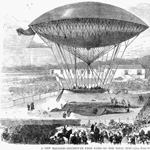 The balloon invented by Dupuy du Lome which flew from Paris to Noyon in Picardie, France, in 1872. Wood engraving from a contemporary American newspaper