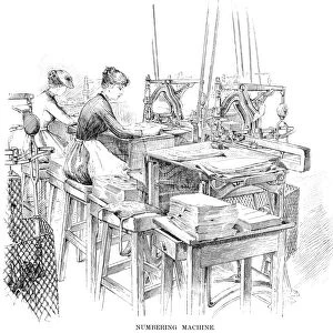 BANK NOTE PRINTING PRESS. Numbering machine at the Bureau of Engraving and Printing, Washington, D. C. Line engraving, 1890