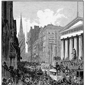 BANK PANIC, 1884. Wall Street, New York, during the panic of 1884, caused by the sudden failure of the Grant and Ward Bank. Wood engraving from a contemporary American newspaper