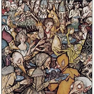 The banquet where the really grand company were assembled. Drawing by Arthur Rackham for the fairy tale by Hans Christian Andersen