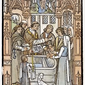 BAPTISM, 1492. Woodcut from L Art de bien Vivre et de bien Mourir, published at Paris