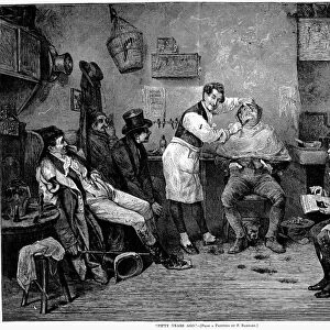 BARBER SHOP, c1825. Scene in an English barber shop, c1825. Wood engraving, American, 1875, after a painting by Frederick Barnard (1846-1896)