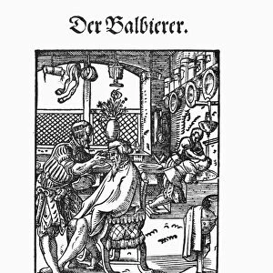 A barber-surgeon with a customer in his shop, where, in addition to cutting hair, he pulls teeth, provides salves for wounds and broken bones, treats syphilis and bleeds patients. Woodcut, 1568, by Jost Amman
