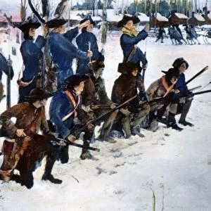 Baron Friedrich von Steuben drilling American troops at Valley Forge, 1778. After a mural painting, c1910, by Edwin Austin Abbey