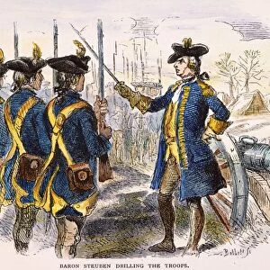 BARON STEUBEN, 1777. Baron Friedrich von Steuben drilling American troops at Valley Forge: colored line engraving, 19th century