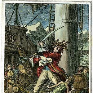 BARRIE: PETER PAN, 1911. Swordfight between Peter and Captain Hook. Illustration by Francis D
