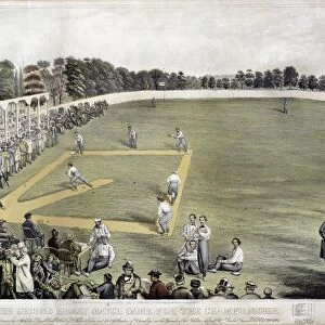BASEBALL, 1866. Match between the Athletic Base Ball Club of Philadelphia and the Atlantics of Brooklyn in Philadelphia, 22 October 1866. American lithograph, 1867