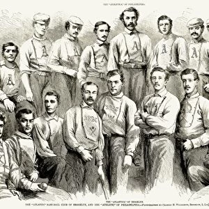 BASEBALL TEAMS, 1866. The teams of the Atlantic baseball club of Brooklyn and the Athletic of Philadelphia, Pennsylvania. Wood engraving, American, 1866