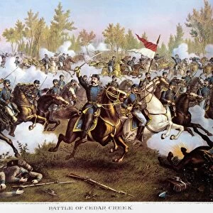 BATTLE OF CEDAR CREEK 1864. General Philip Henry Sheridan at the Battle of Cedar Creek, Virginia, 19 October 1864: lithograph, 1890, by Kurz & Allison