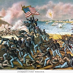 BATTLE OF FORT WAGNER, 1863. The 54th Massachusetts (Colored) Regiment storming Fort Wagner, South Carolina, during the American Civil War, 18 July 1863. Lithograph, 1890, by Kurz & Allison