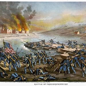 BATTLE OF FREDERICKSBURG. The Army of the Potomac crossing the Rappahannock River during the Civil War Battle of Fredericksburg, Virginia, 13 December 1862. Lithograph by Kurz & Allison, c1888