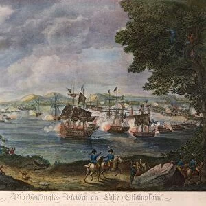 BATTLE OF LAKE CHAMPLAIN. Thomas Macdonoughs victory at the Battle of Lake Champlain (Plattsburg), 11 September 1814: colored engraving, 1816