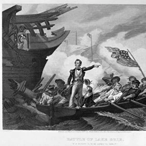 BATTLE OF LAKE ERIE, 1813. Oliver Hazard Perry leaving his badly damaged flagship, the Lawrence, for the Niagara to continue fighting against the British at the Battle of Lake Erie, 10 September 1813. Steel engraving, American, 1877, after a painting by William Henry Powell