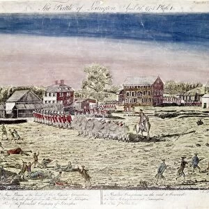 The Battle of Lexington at the beginning of combat, 19 April 1775. Line engraving by Amos Doolittle, 1775