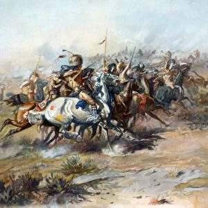 BATTLE OF LITTLE BIGHORN. Native Americans on horseback at the Battle of Little Bighorn
