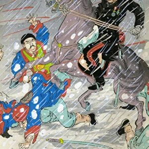 A battle during the Sino Japanese War between Chinese soldiers and Japanese General Major Odera on horseback in a snowstorm at Weihaiwei Bay, resulting in Oderas death. Center panel of a triptych, color woodcut by Kokunimasa Utagawa, c1895