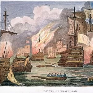 BATTLE OF TRAFALGAR, 1805. The Battle of Trafalgar, 21 October 1805: steel engraving, English, 1813